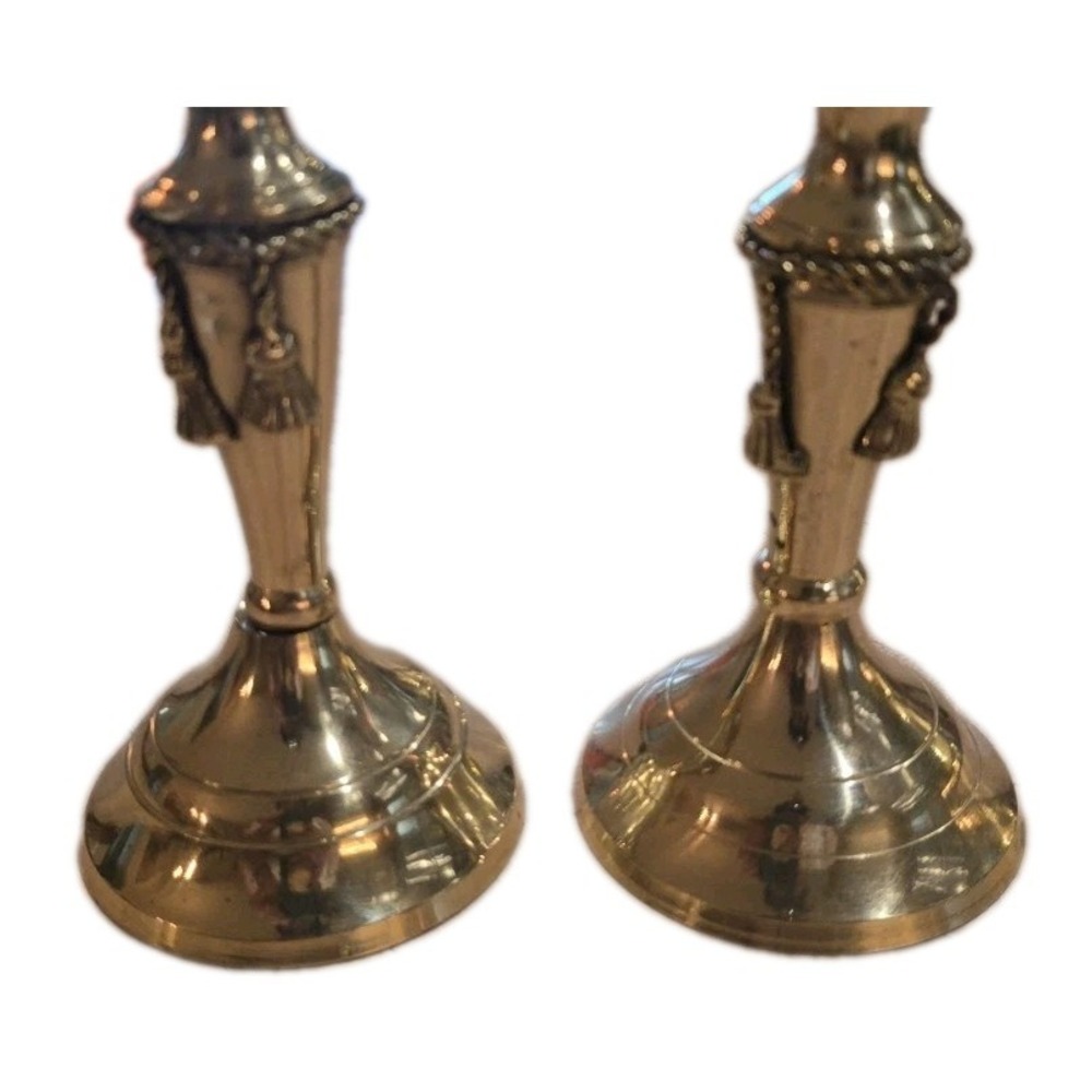 VTG Set Brass Taper Candlestick Holders Tassel Rope Mantel Cottagecore Timeless - Picture 2 of 13